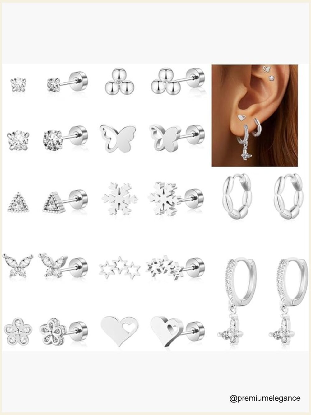 12 Pair Hypoallergenic Surgical Steel Earrings Set Stud Hoop Flat Back